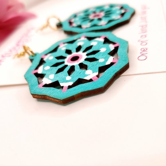 Turquoise Mandala Wooden Earrings, Handpainted.2 inch diameter dangles - Picture 3 of 5